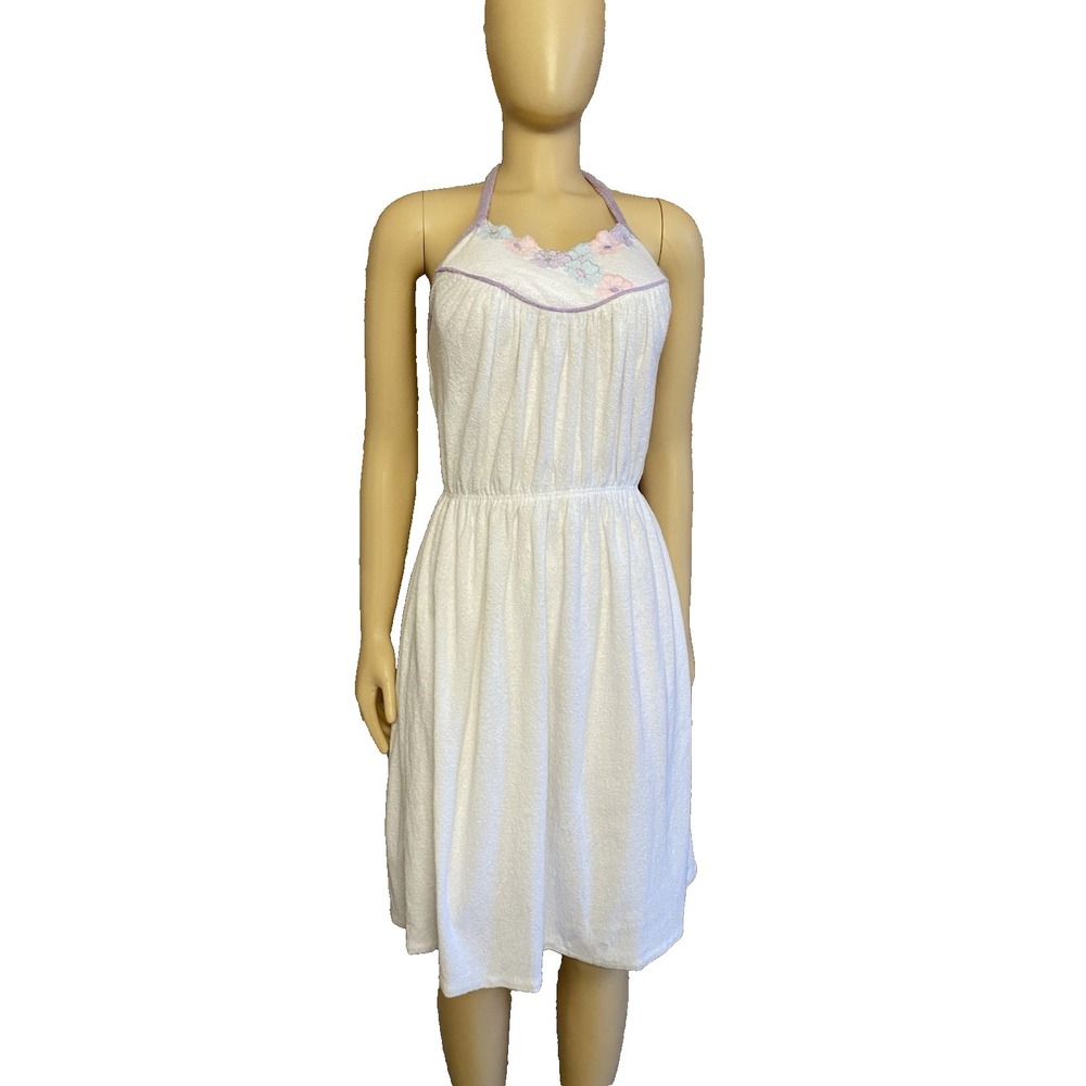 VTG Undercover Wear Embroidered Terrycloth Halter Dress Swim Suit Cover-Up Large